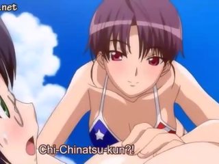 Two anime girls fingering on beach