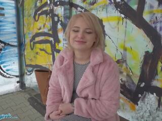 Public Agent amatuer teen with short blonde hair chatted up at busstop and taken to basement to get fucked by big manhood